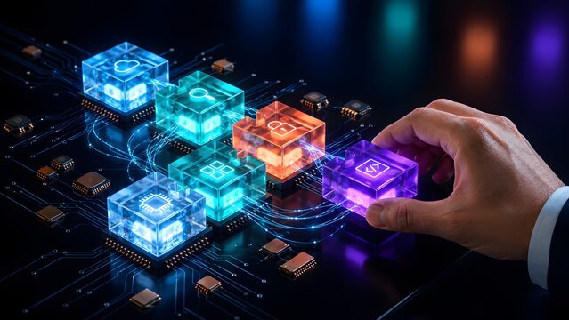 Businessman hand integrating glowing digital blocks on circuit board, Software architecture concept