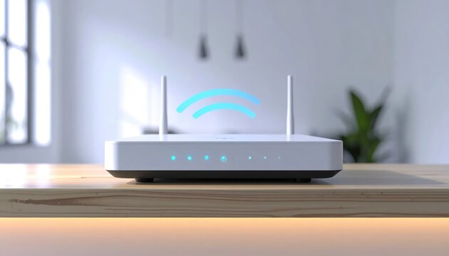 Wireless broadband router with glowing signal icon on desk.