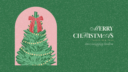 Fototapeta premium Retro Christmas and New Year banner. Christmas background with fir-tree decorated with bow and garland. Vector minimalist New Year banner with typography design for branding, cover, ads.