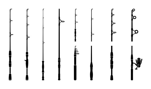 Fishing Rod Silhouette Collection Set Featuring Various Professional Angling Gear and Saltwater Tackle Equipment