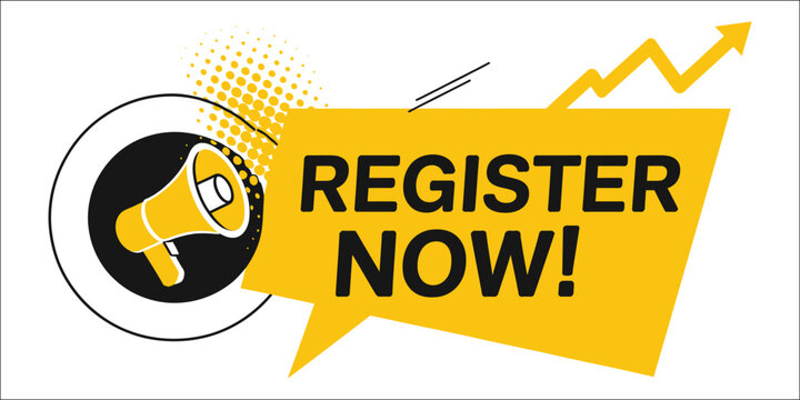 Register now icon vector illustrating label or tag with loudspeaker for modern registration, event promotion, signup campaign, online enrollment, marketing announcement and call to action vector illus