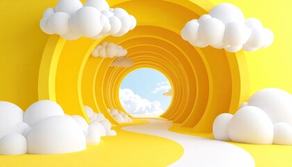 Naklejka premium Yellow circular portal path with white clouds 3D.