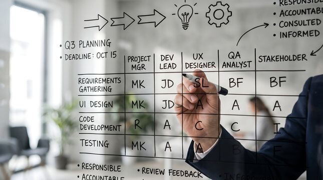 Professional outlining a project management plan, workflow, and task assignments on a transparent glass board in a modern office setting.