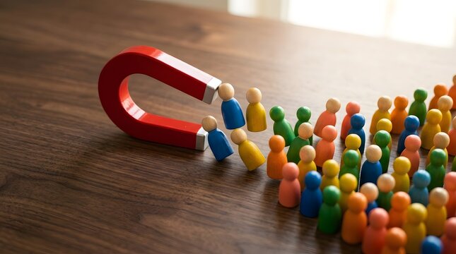 Red horseshoe magnet attracting colorful wooden peg dolls on wooden table, customer acquisition and inbound marketing concept