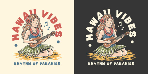 Vintage Hawaiian Hula Woman Playing Ukulele with Flower Lei, Tropical Island, Music Paradise, Hand Drawn Retro Travel Design Vector Illustration © Jovi MIng