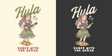 Vintage Hawaiian Hula Dancer Playing Ukulele with Flower Lei, Tropical, Island, Music, Aloha Spirit Hand Drawn Retro Design Vector Illustration © Jovi MIng