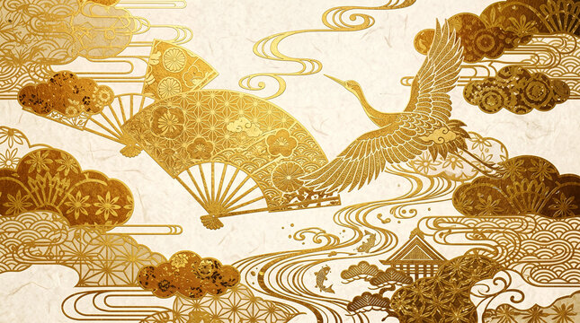 Gold japanese crane flying over a folding fan, stylized clouds, and traditional pagoda architecture on a textured cream paper background