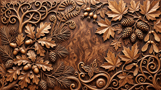 Intricate wood carving featuring oak leaves, acorns, maple leaves, pine cones, and swirling floral patterns on a dark polished wood background