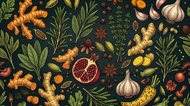 Seamless pattern of culinary herbs and spices, featuring ginger roots, garlic bulbs, pomegranate halves, star anise, and green leafy sprigs