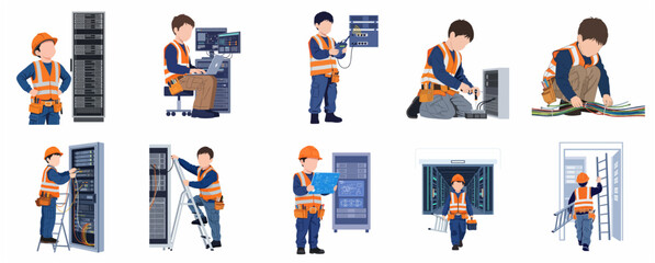 Fototapeta premium Set of flat vector illustrations of a child network engineer working in a data center with server racks, managing cables, and using professional tools for IT maintenance and technology.