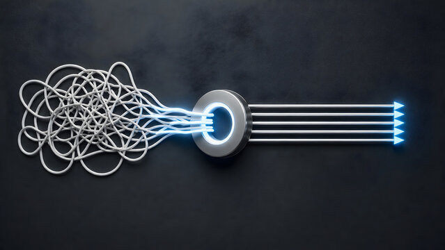 Tangled messy wire passing through a glowing ring filter transforming into straight arrows, chaos to order and simplification concept