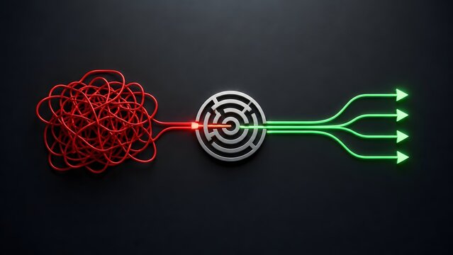 Tangled red wire entering a maze and exiting as organized green arrows, problem solving and chaos to order concept