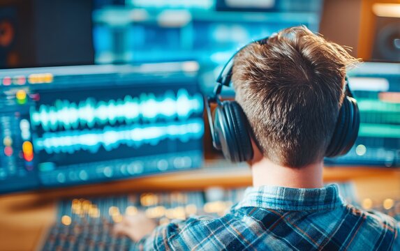 Male Music Producer Working on Digital Audio Workstation in Studio