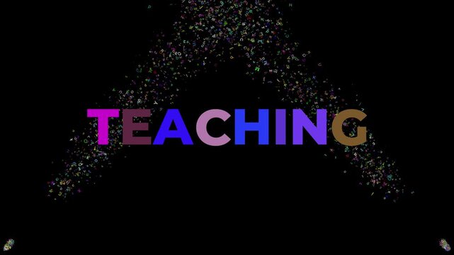 big word teaching growing and flashing with many different colors while various random letters are sprayed across the screen in a dynamic motion sequence
