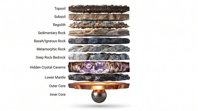 topsoil subsoil regolith sedimentary rock basalt igneous rock metamorphic rock deep rock bedrock crystal caverns mantle core inner core outer core rock layers earth layers geology