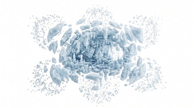 explosion ice shattered fragments crystal destruction disintegration fractured shards pieces broken implosion crumbling crush demolition debris explosive rupture fragmentation