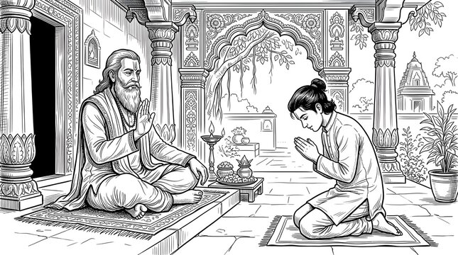 Indian student bowing to a guru in a traditional ashram setting