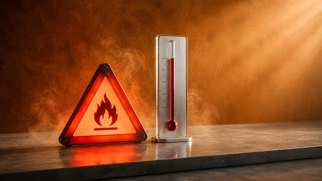 Red fire warning sign and thermometer showing high temperature in smoky environment, extreme heat concept