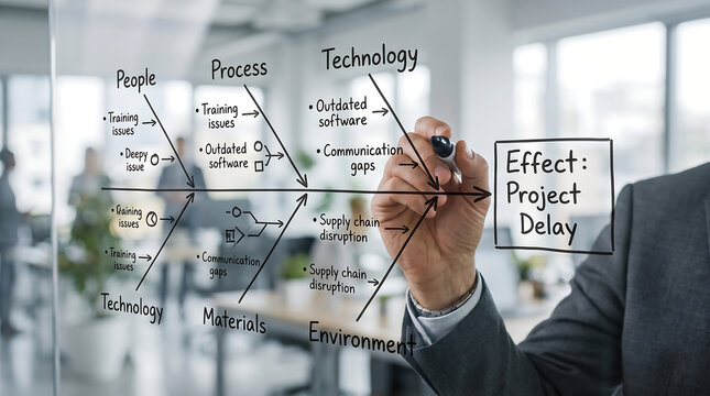 Businessman drawing a detailed fishbone diagram on a glass board to analyze project delay causes in a modern office environment.