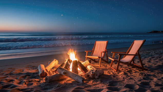 People relax at a serene beach with a burning fire pit near two chairs at dusk.