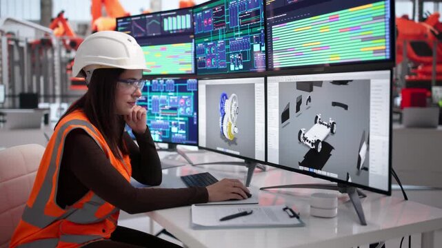 Woman Engineer Monitors Automotive Production Line