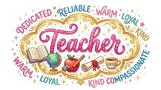 Teacher appreciation design with glittery text and school supplies