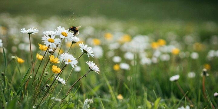 Bumblebee flying over white daisy flowers in a green meadow during a sunny spring afternoon day