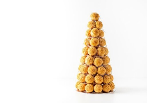 A stunning golden croquembouche tower decorated with delicate spun sugar threads and festive lights against a bright white background, sweet, pastry, shiny