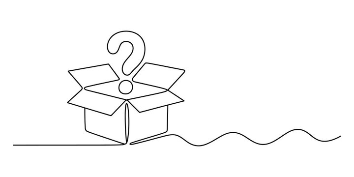 Continuous single line drawing of an open cardboard box with question mark