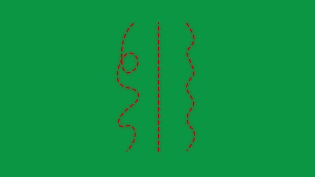 Animated red dashed cut lines on green screen, scissors cutting path guide, crafting and sewing overlay, dotted line motion for projects.