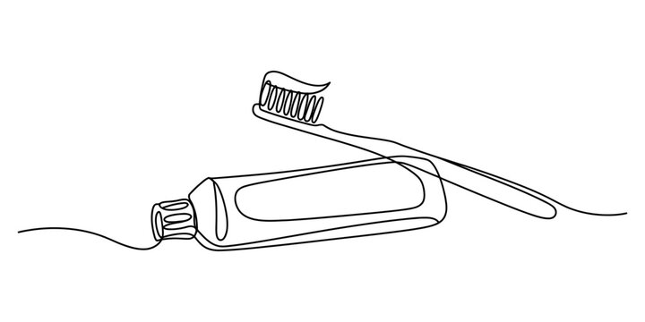 Continuous line drawing of a toothbrush and a tube of toothpaste