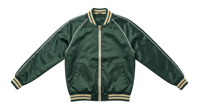 Green satin bomber jacket with gold and white stripes, isolated on transparent background