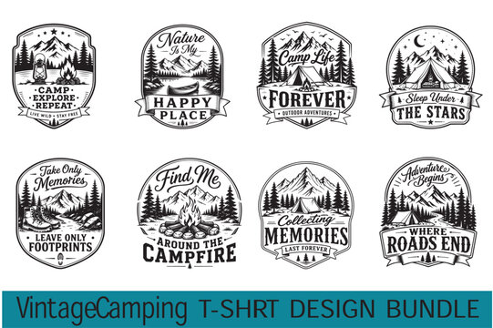 Premium Vintage Camping Adventure Black and White Minimal T-Shirt Design Bundle