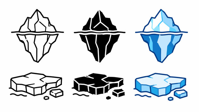 Three icebergs and melting ice caps: black, blue, and white variations