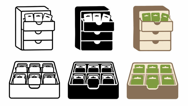 Set of six drawer and box icons for document organization
