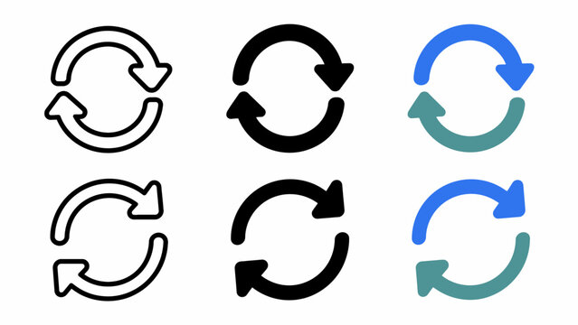 Set of six refresh icons in various styles and colors on white background