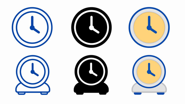 Set of six minimalist clock icons in blue, black, and yellow