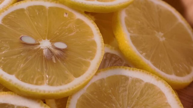 Close up display of fresh yellow lemon slices 
