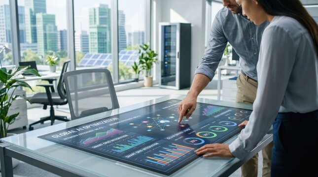 Business team analyzing global AI optimization data on interactive touch screen table in office