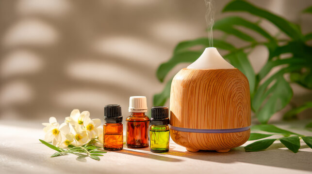 A wooden essential oil diffuser emits steam beside various bottles of essential oils and white flowers on a light surface with green leaves in the background.