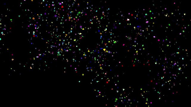 dazzling fireworks on a solid black background that explode in the sky to reveal colorful playing card suit symbols appearing in the dark frame
