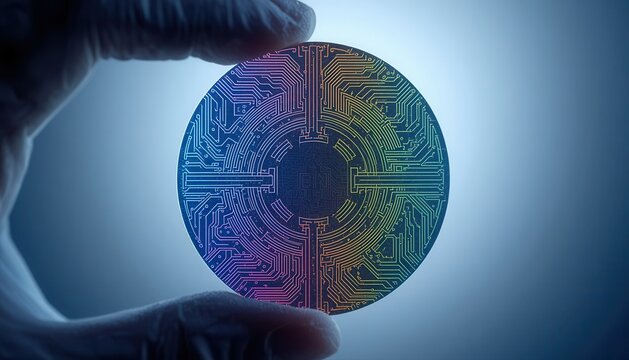 Close-up hand holding a holographic cryptocurrency coin with glowing motherboard circuit patterns against a dark background cryptocurrency technology hologram blockchain investment electronic