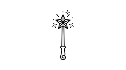 Black line drawing of a magic wand with a star on top and sparks around it on a white background. © Dhiyak