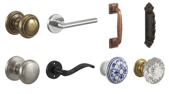 Vintage door knobs and modern handles collection, set of 8 metal and ceramic hardware elements, antique brass and chrome fixtures on white background