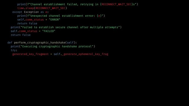 a fast moving stream of complex software code displaying in vibrant neon colors on a dark background simulating the intense activity of a skilled hacker