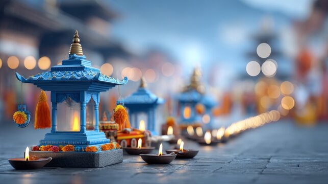 Colorful Lanterns Light Pathway During Nepalese Indra Jatra Celebration