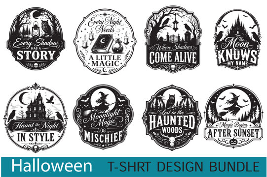 Premium Vintage Halloween Black and White Minimal T-Shirt Design Bundle
