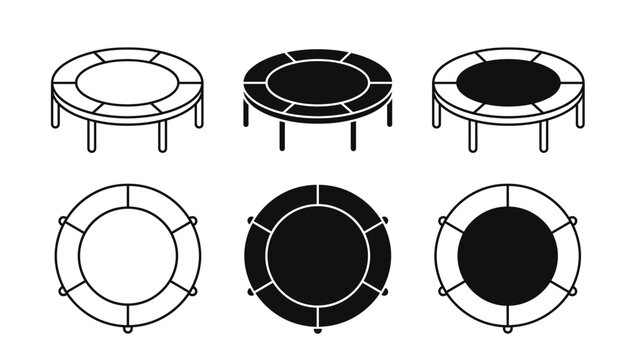 Fitness trampoline vector illustration collection. Round jumping pads, black silhouettes, linear isometric gym equipment shapes, transparent background.