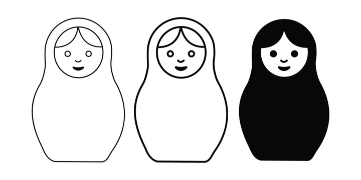 Matryoshka Doll Icon Set &ndash; Russian Nesting Dolls, Babushka Toy, Folk Art, Traditional Culture, Outline & Silhouette Vector Collection