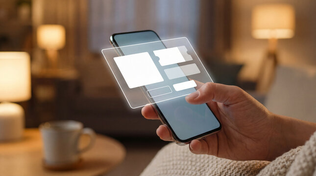 Hand holds smartphone with floating digital form interface in cozy living room showing mobile banking payment verification online checkout fintech app usability convenience secure personal finance